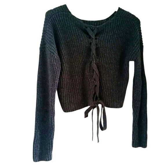 Forever 21 Women's Crop Top Lace-Up Back Sweater Black/Grey Knit Long Sleeves SM - Picture 4 of 10